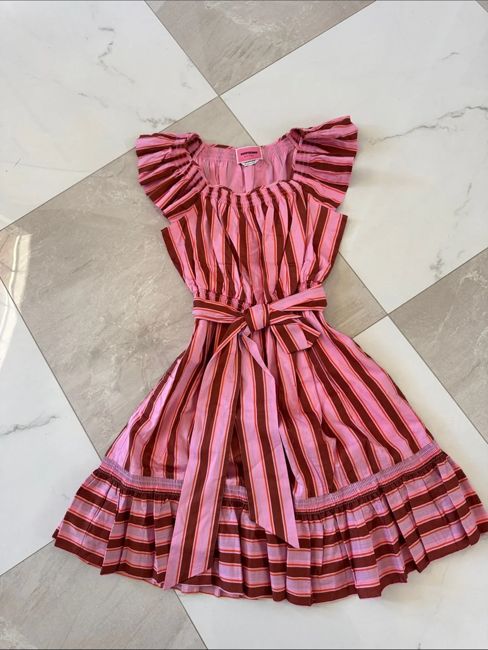 kate spade Pink and Red Striped Flutter Sleeve Tie-Waist Dress - Picture 1 of 1